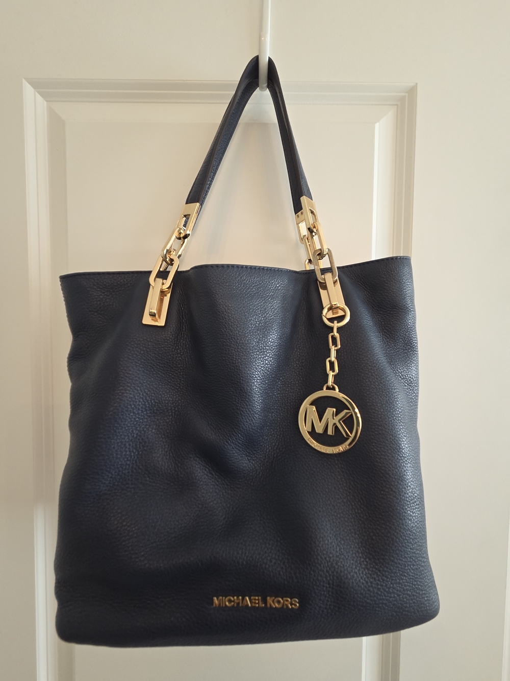 Michael Kors Navy Pebbled Leather Tote with Gold Charm